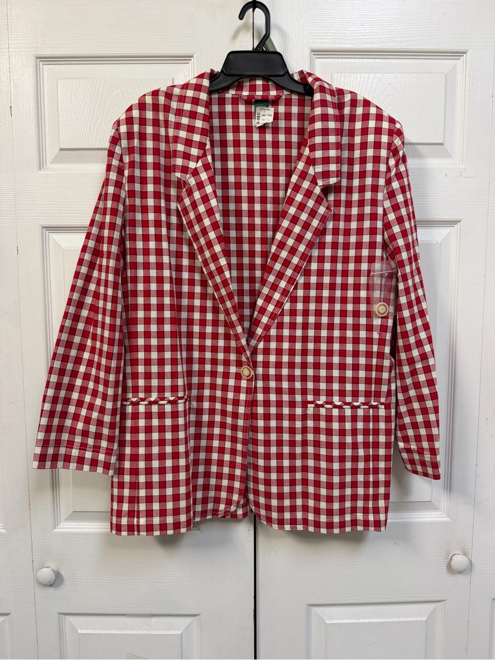 Red & White Plaid Gingham Blazer 100% Cotton Jacket Women's Size XL NOS - Picture 10 of 15